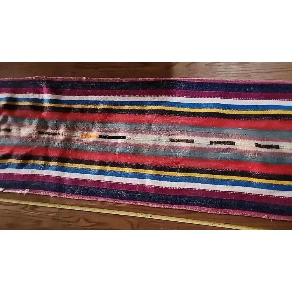 Vintage Red Blue Yellow Black Kilim Runner Rug Hand Knotted Carpet 2ft x 8.5ft